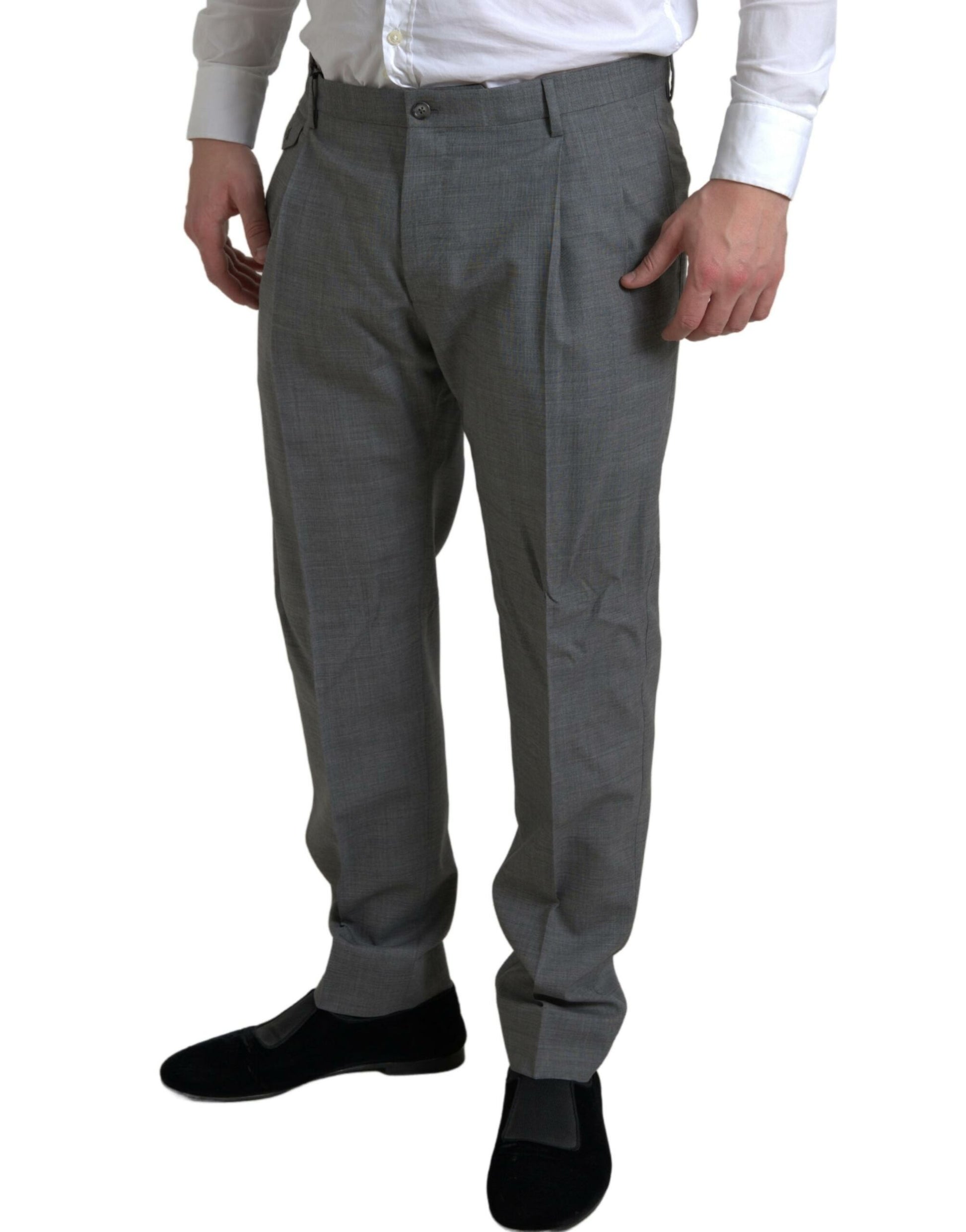 A pair of gray wool chino skinny men's dress trousers