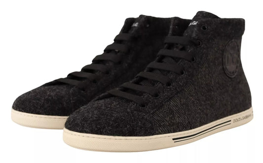Pair of black high top sneakers with white soles