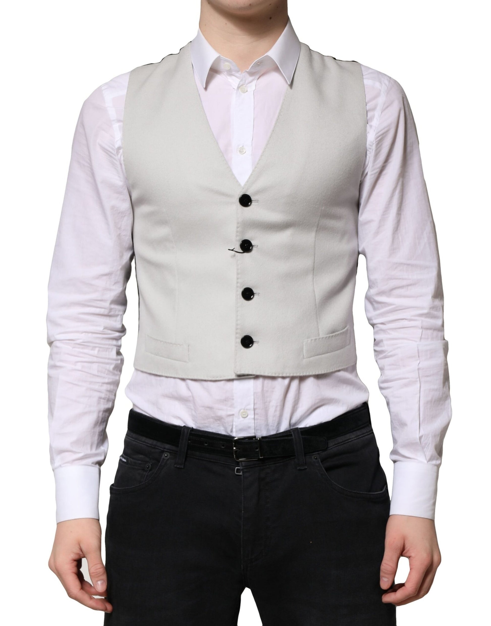 A gray wool vest with black buttons, part of a formal men's suit