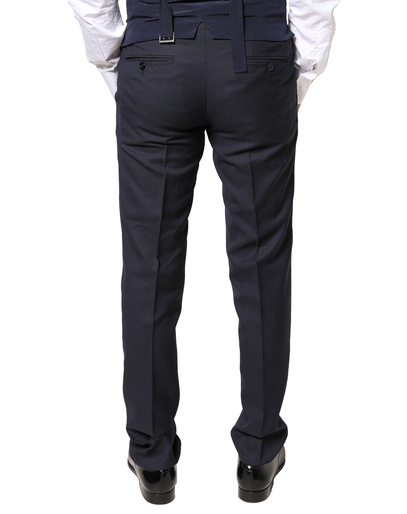 A pair of gray wool formal dress trousers for men, featuring a classic design with a waistband and belt loops