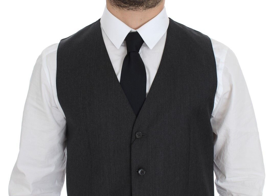 A gray wool vest with a black tie, part of a formal dress ensemble