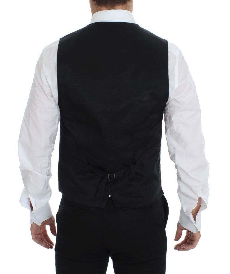 A gray wool vest with a black satin lapel and matching trousers