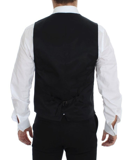 A gray wool vest with a black satin lapel and matching trousers
