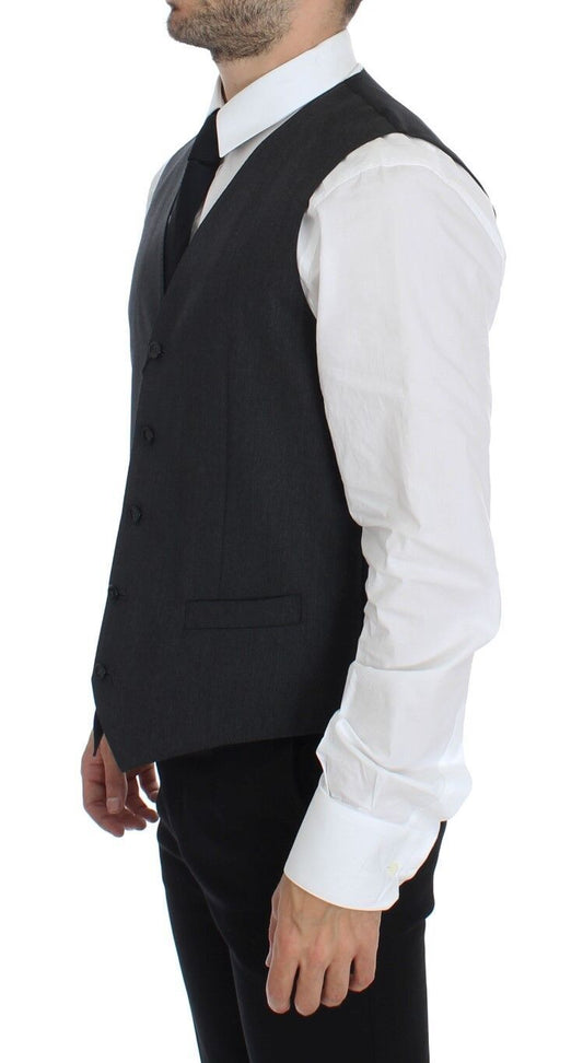 A gray wool vest with a notched collar, part of a formal dress ensemble