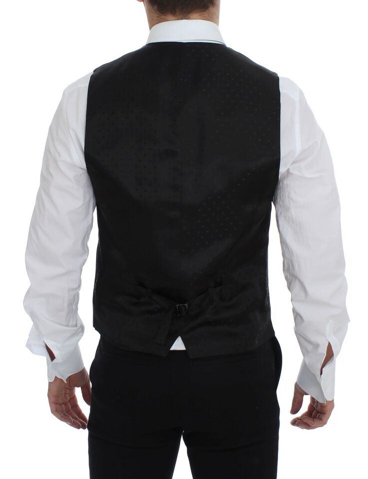 A gray wool vest with a black satin lapel and matching trousers