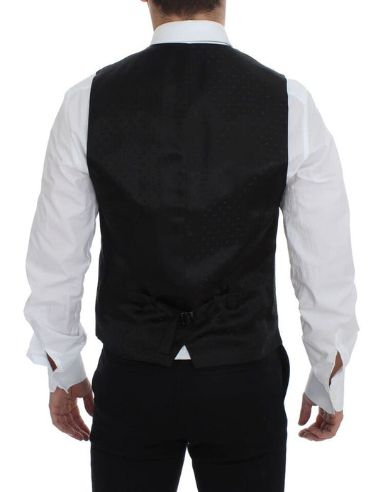A gray wool vest with a black satin lapel and matching trousers