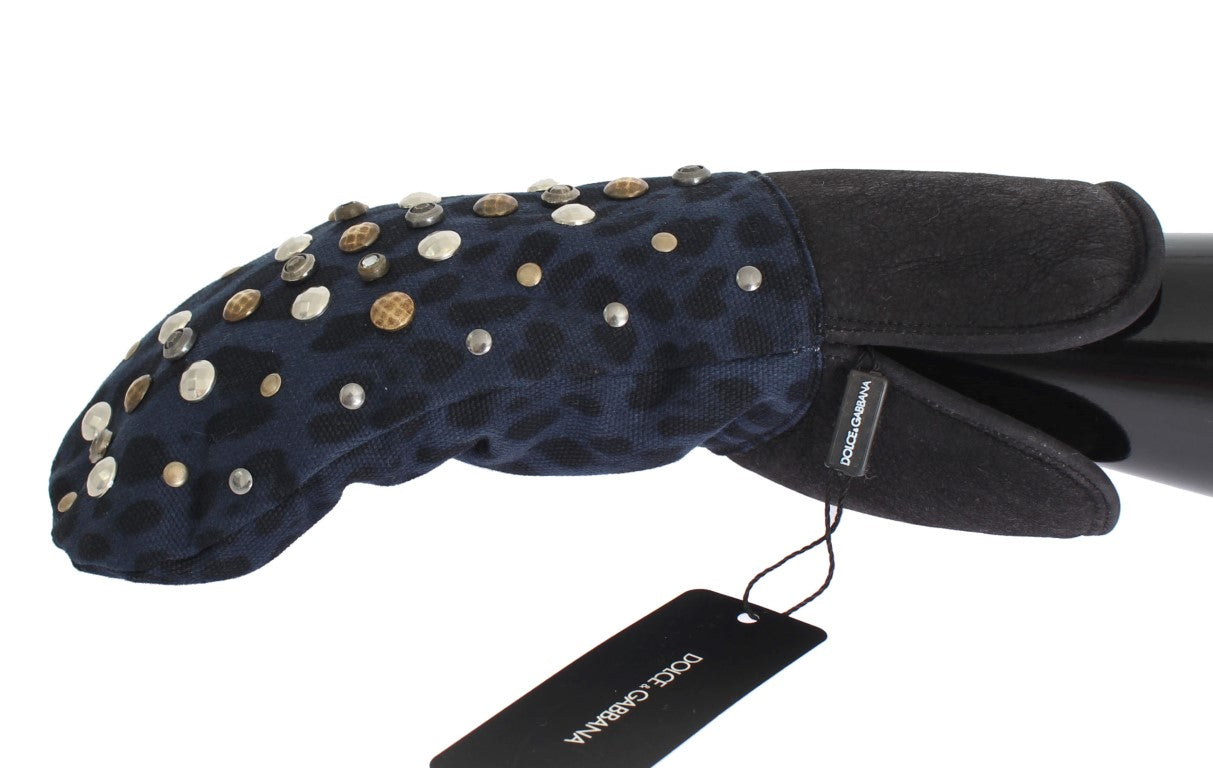 Blue glove with gold studs on palm side