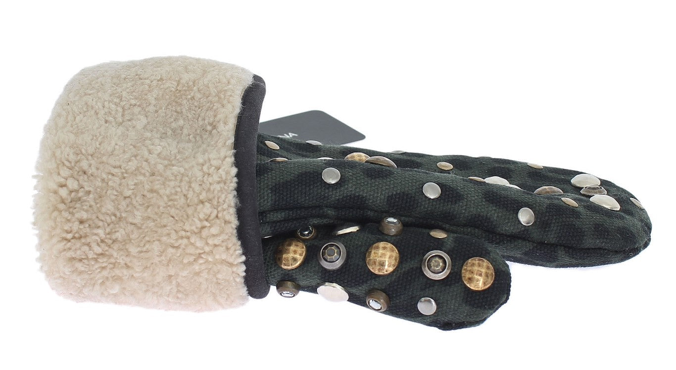 Pair of black gloves with gold studs and a fur cuff