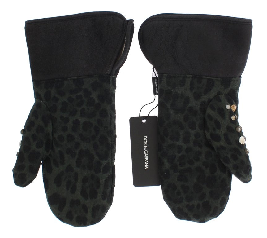 Pair of black gloves with leopard print pattern