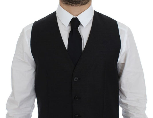 A gray vest with a wool and silk blend, featuring a classic design