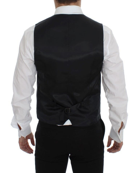 A gray vest with a black and white striped pattern