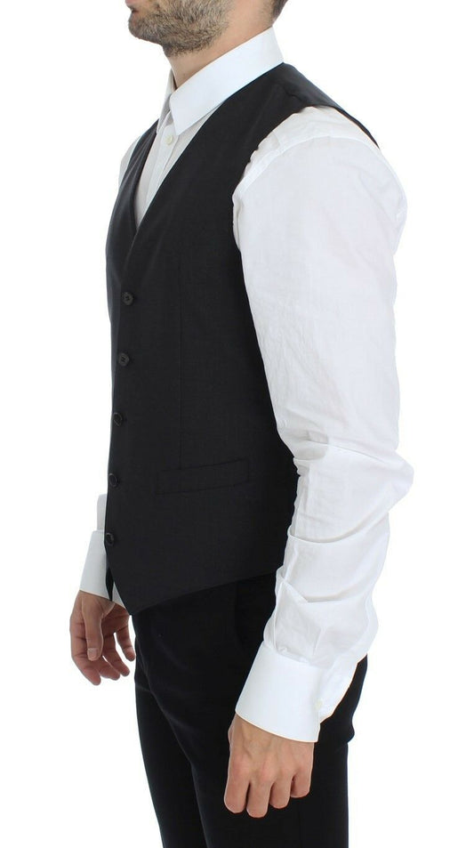 A gray wool vest with stretch properties, part of a suit or tailored ensemble