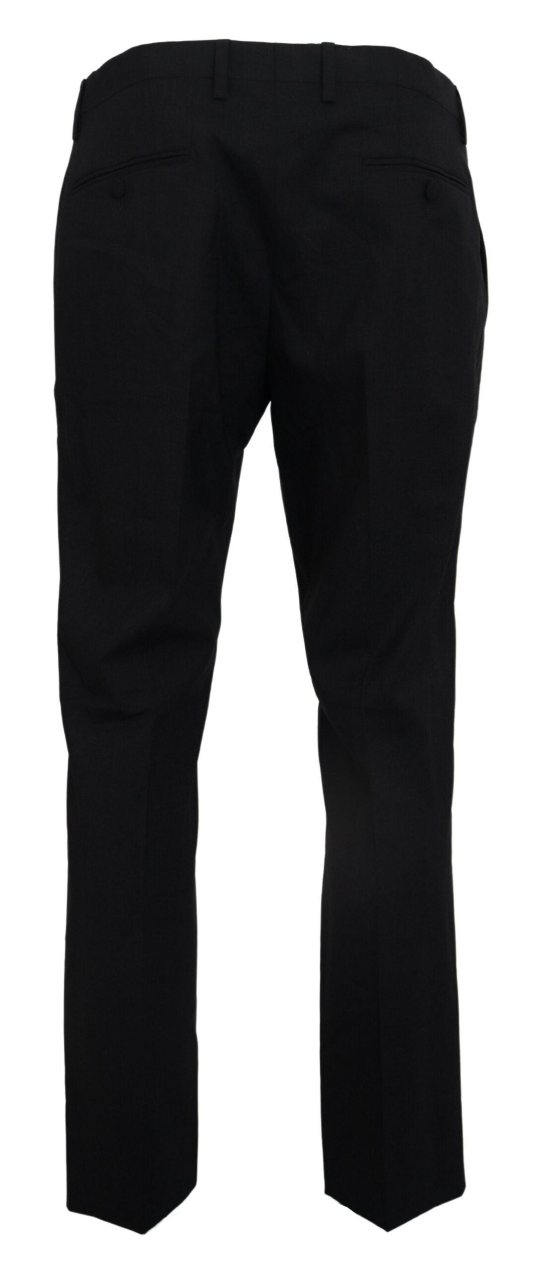 A pair of gray wool stretch dress pants with a slim fit