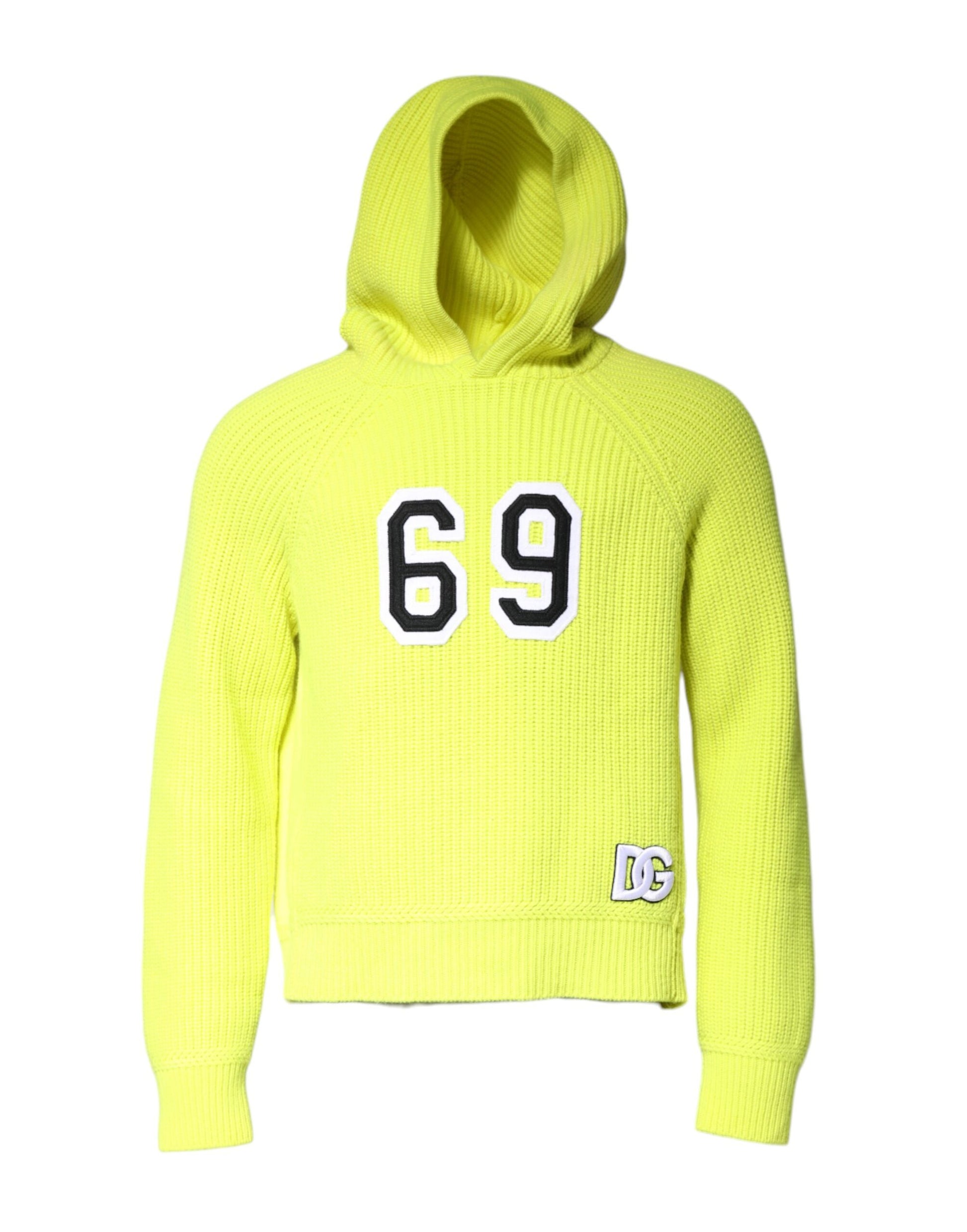 Yellow sweatshirt with hood and number 69 on front