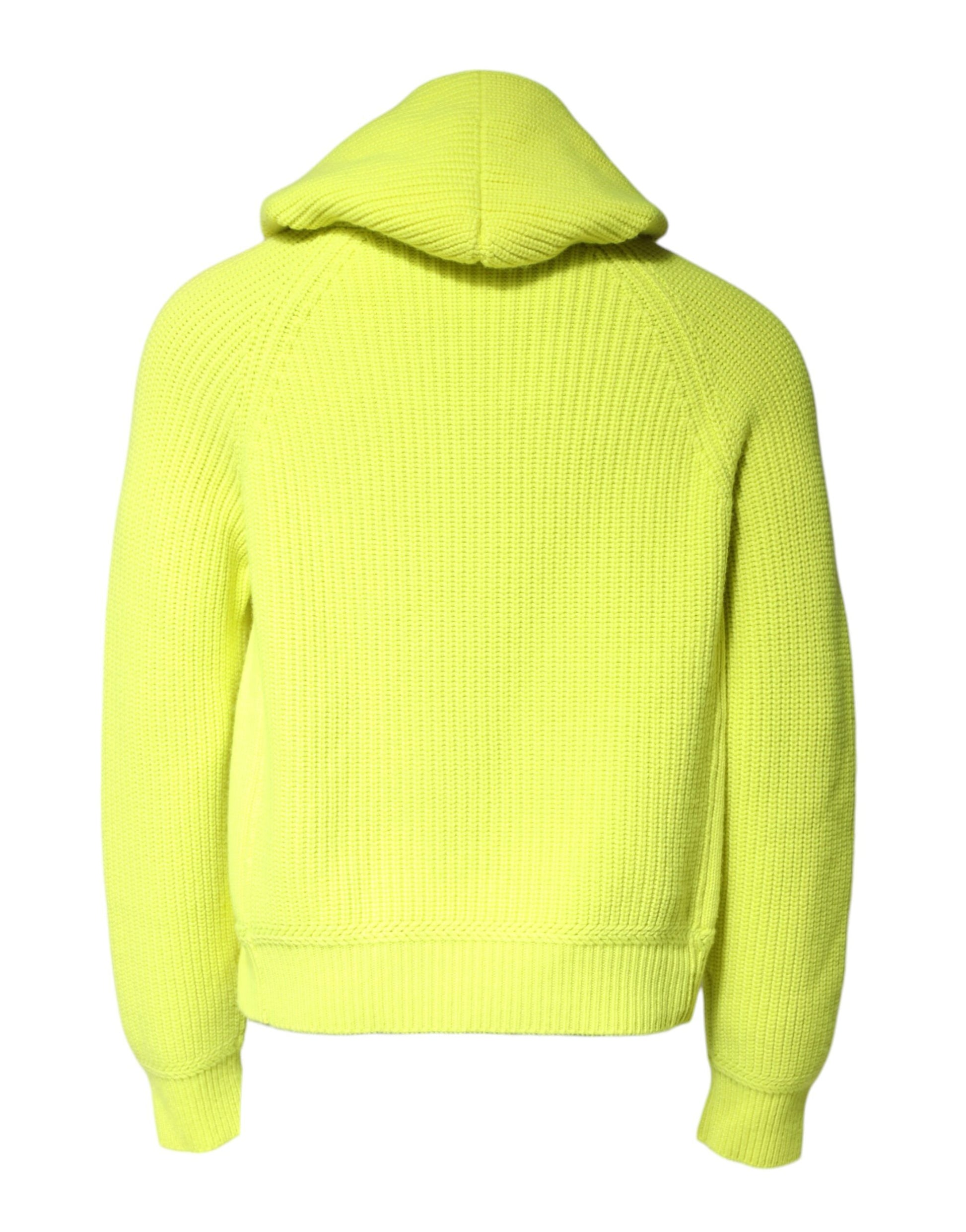Yellow knitted hoodie with hood up