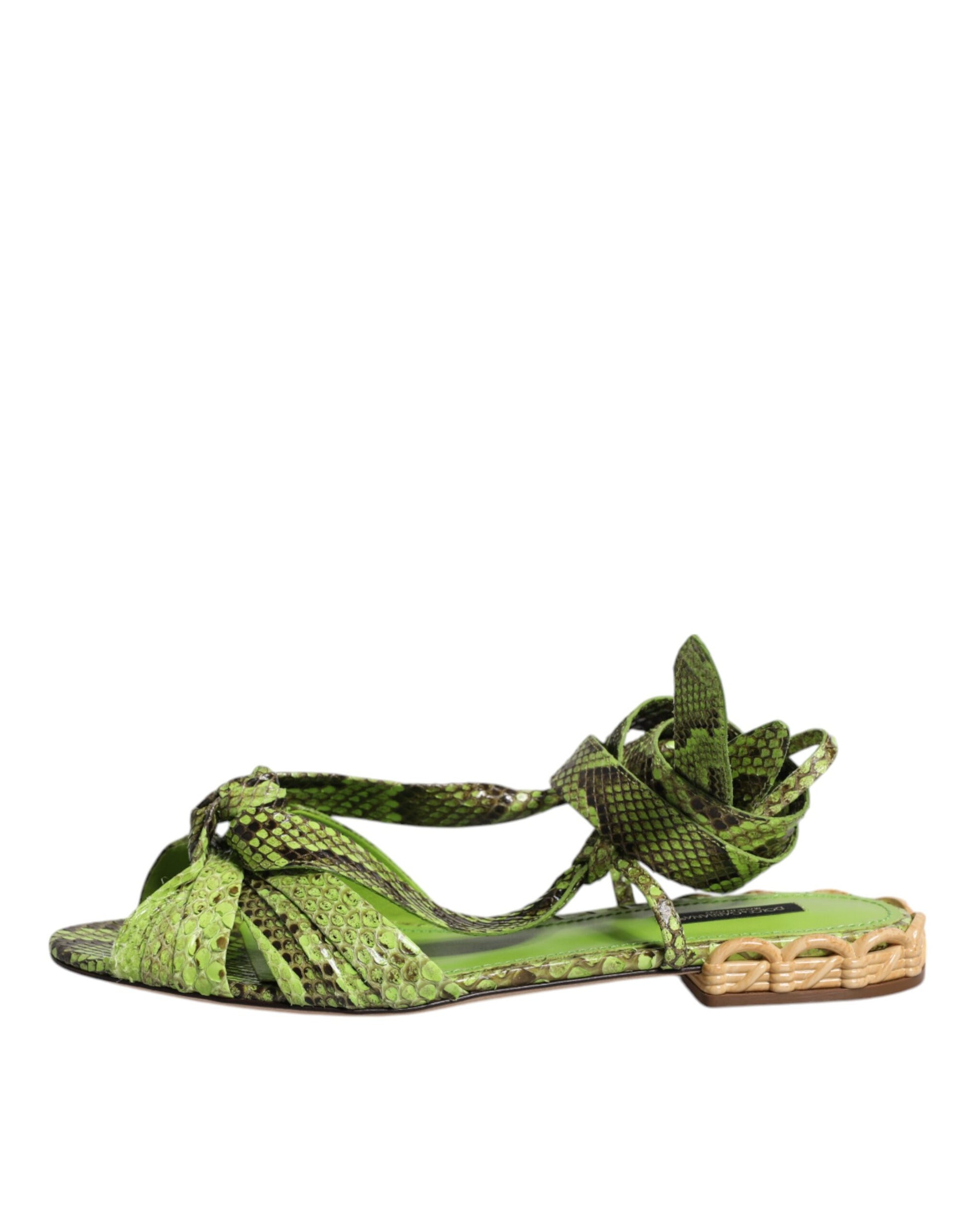 Green snake print sandal with woven strap