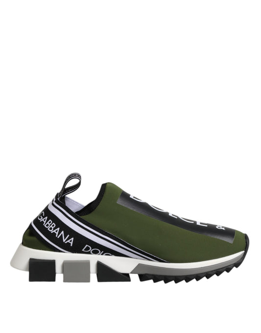 Green and white sneaker with black laces