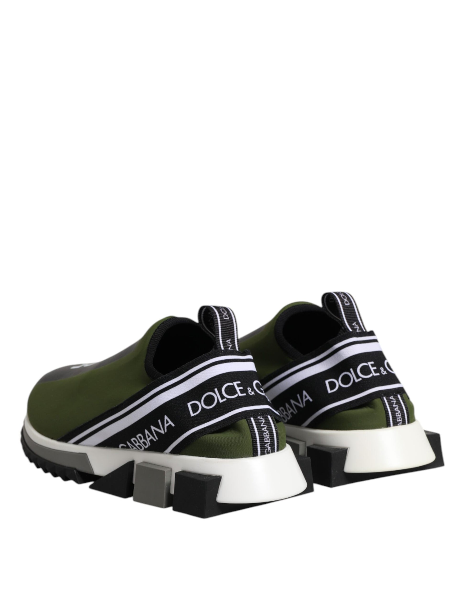 Pair of green sneakers with white soles and black straps