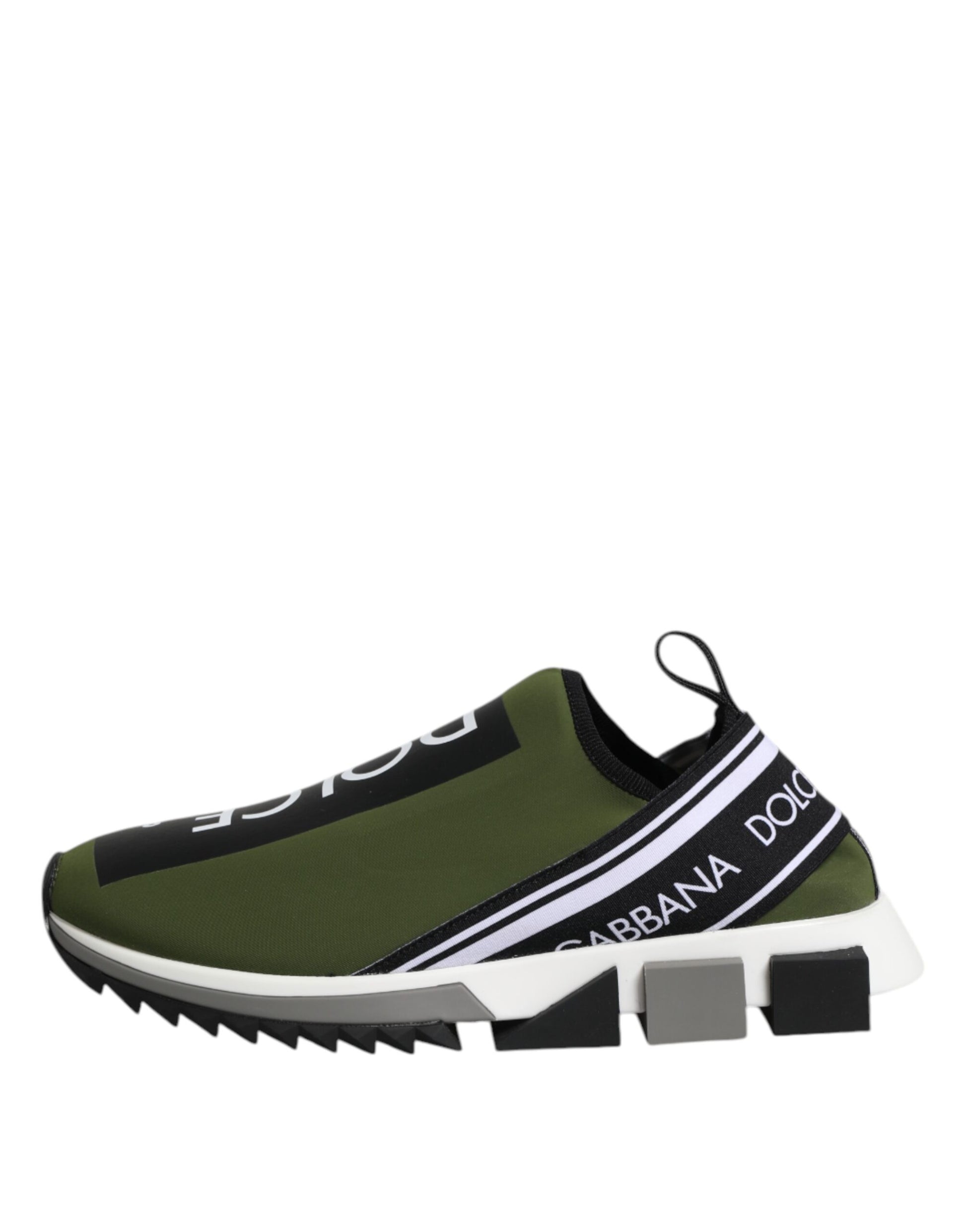Green sneaker with white stripes on side