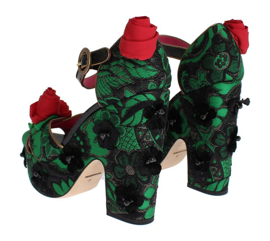 Pair of green and red shoes with floral pattern and heels