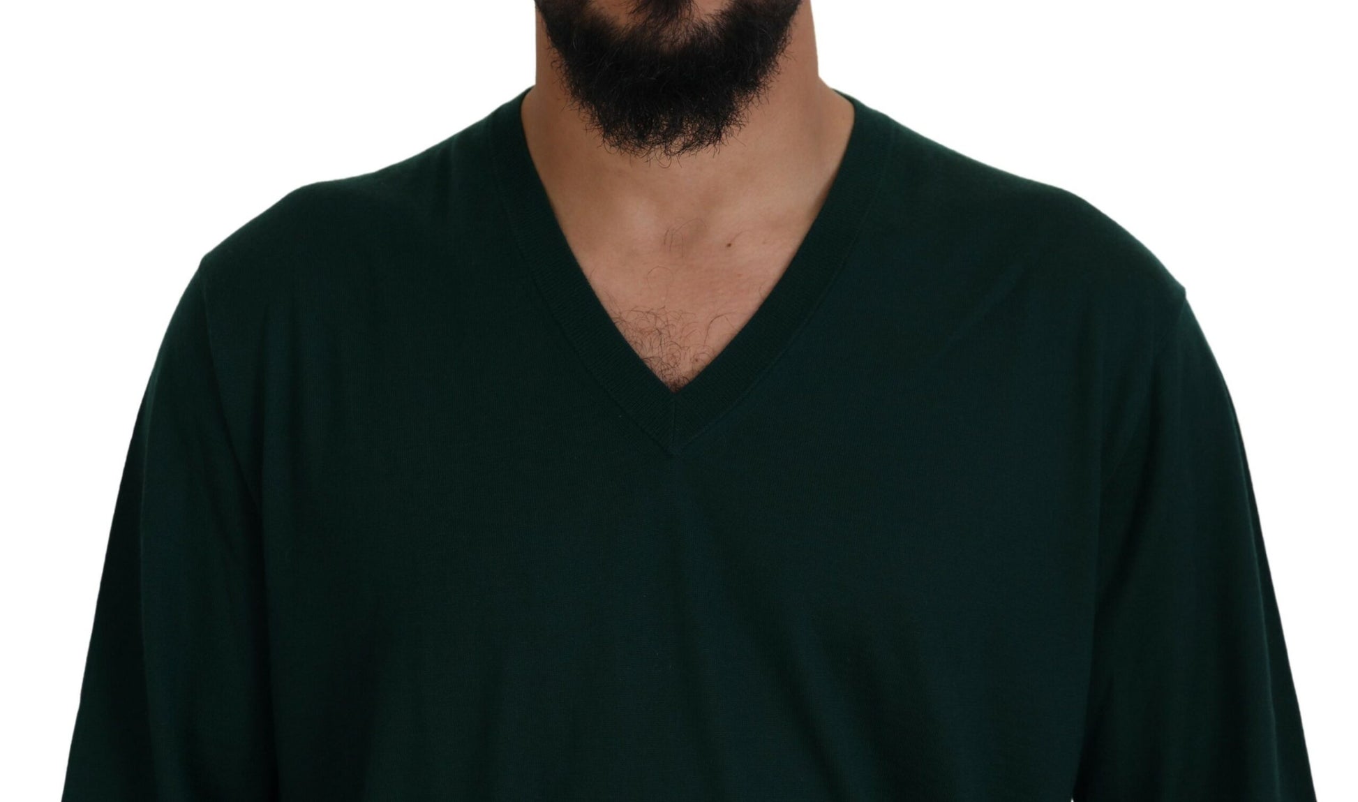 Man wearing dark green v-neck sweater