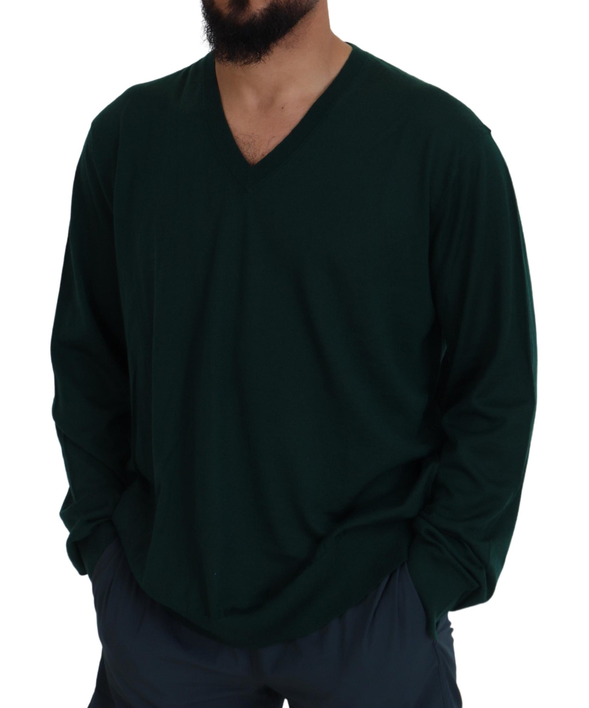 Man wearing dark green long sleeve shirt