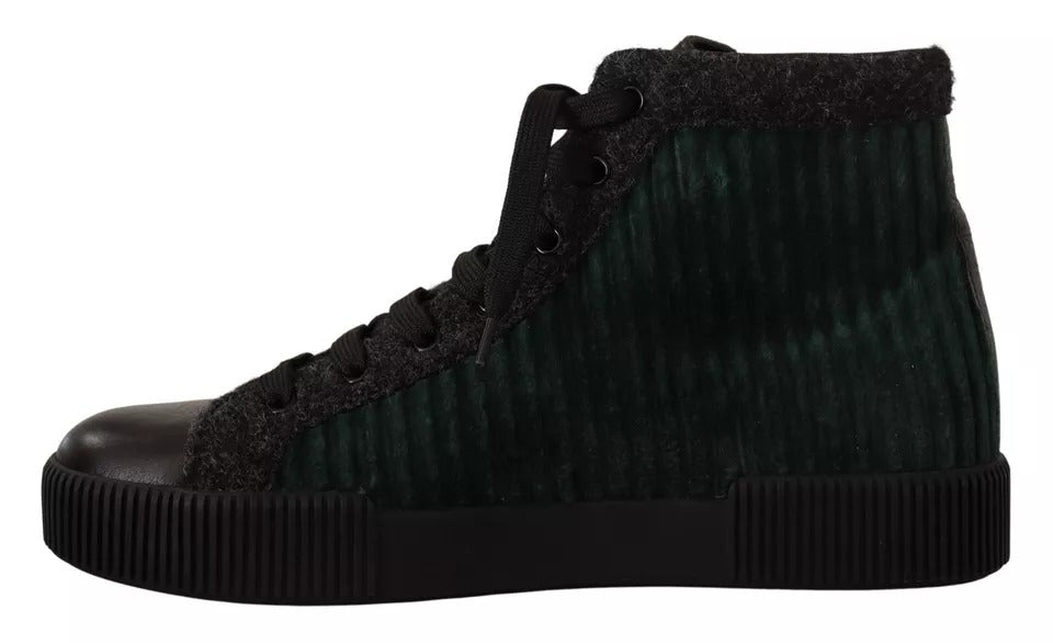 Green velvet high top sneaker with black laces and a black sole