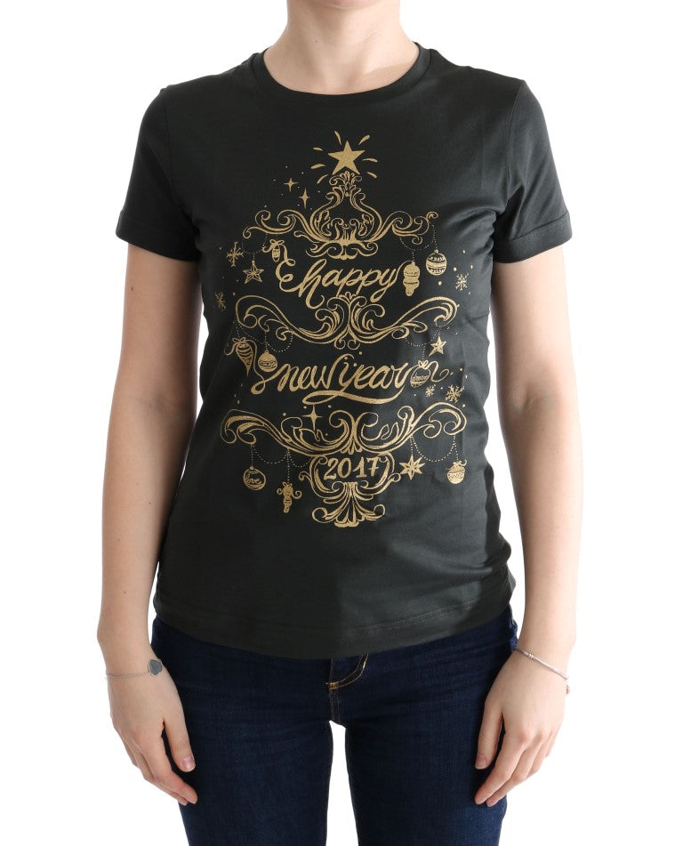 Black t-shirt with gold lettering celebrating New Year's Eve