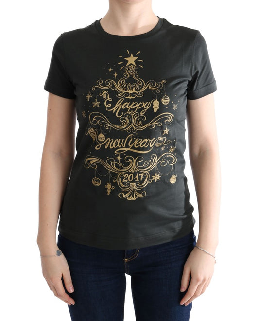 Black t-shirt with gold lettering celebrating New Year's Eve