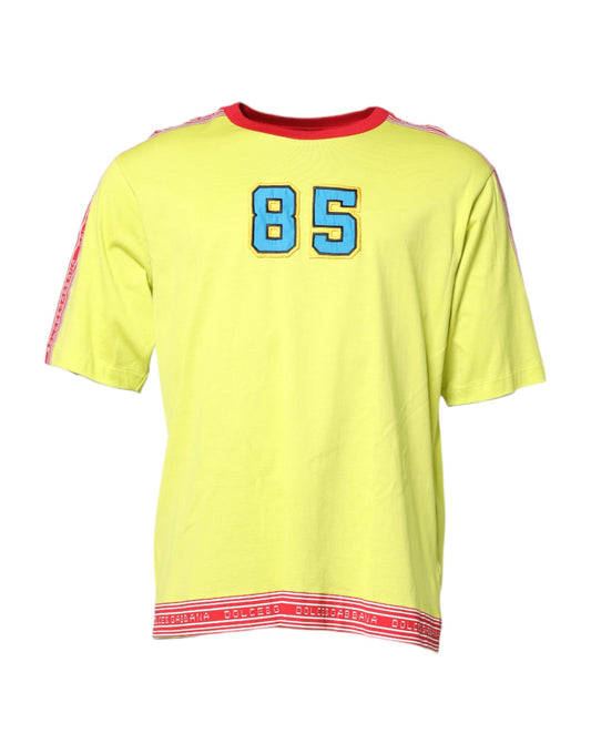 Yellow jersey with red stripes and blue number 86