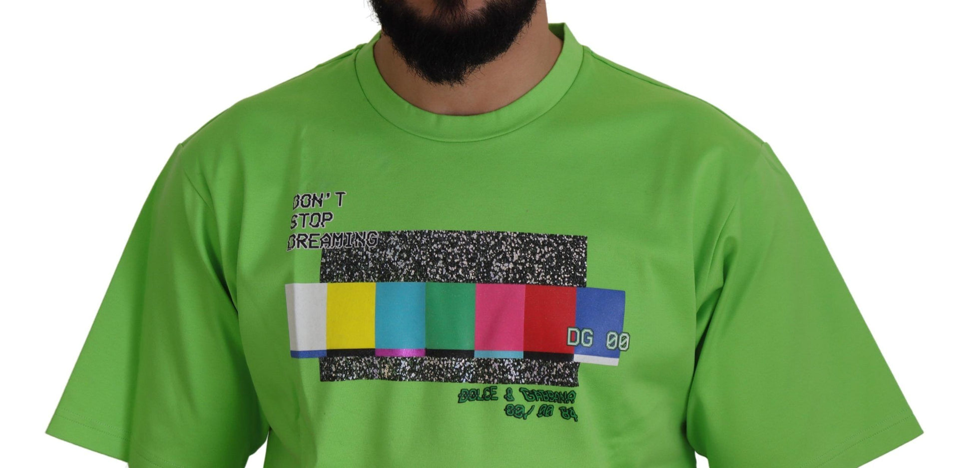 Green t-shirt with pixelated design on front