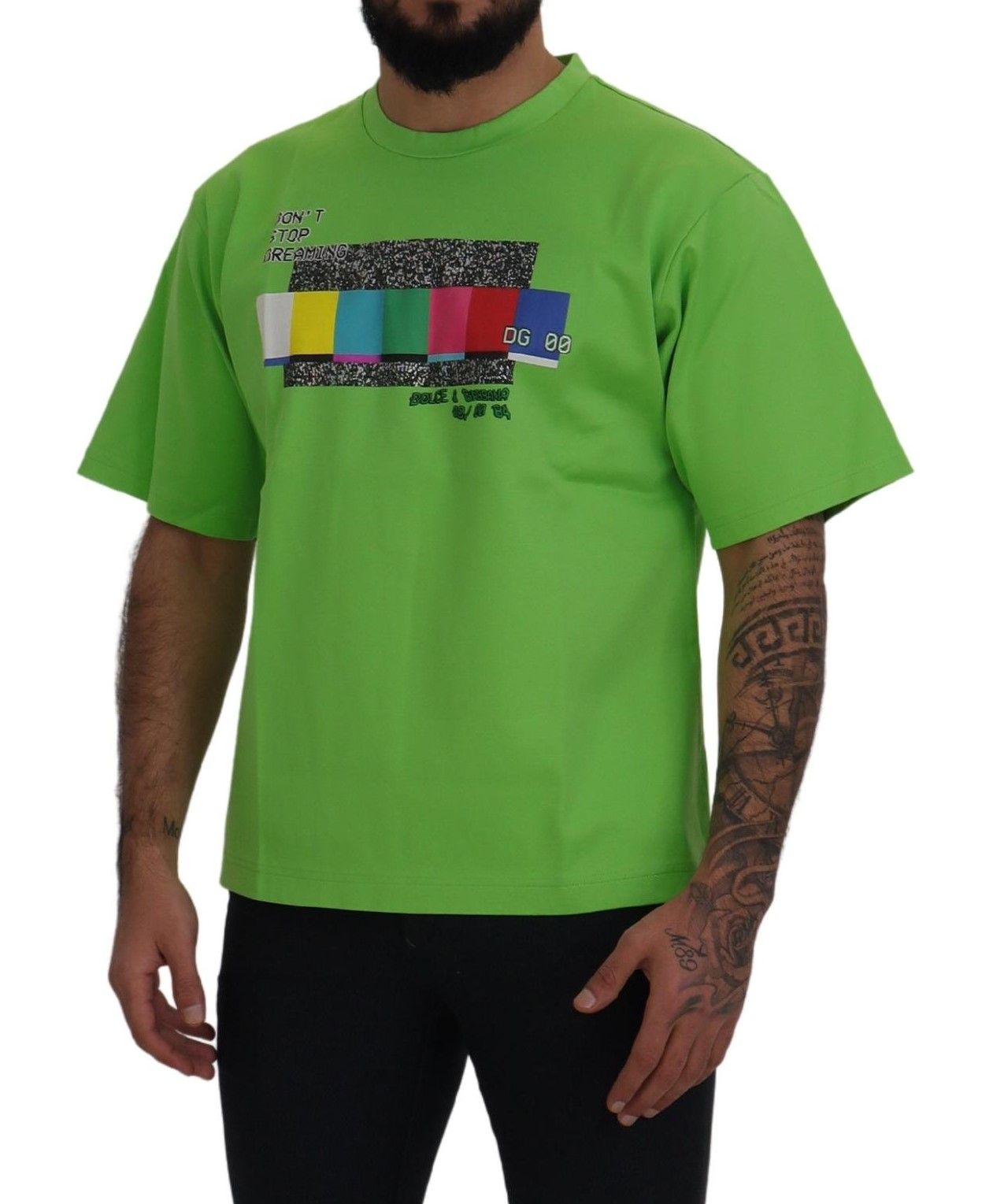 Green t-shirt with colorful design on front