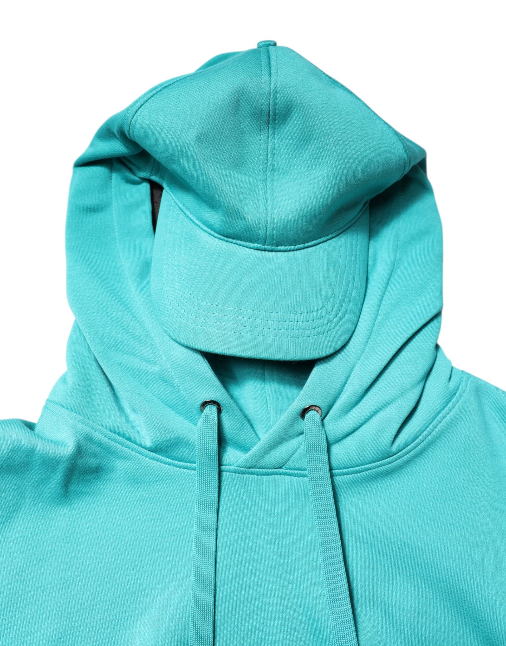 Blue hoodie with white drawstrings