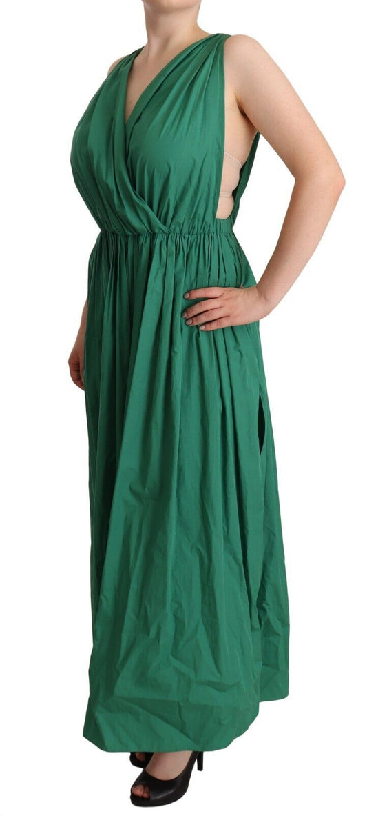 A green cotton sleeveless dress with a V-neck and draped skirt