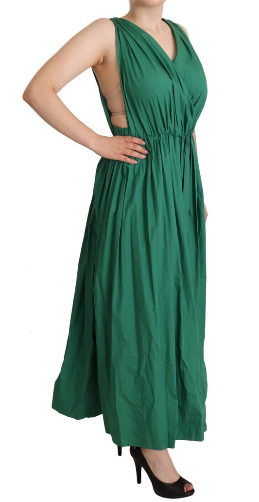 A green cotton sleeveless dress with a V-neckline