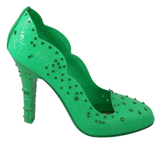 Green high heel shoes with rhinestones and floral design on vamp
