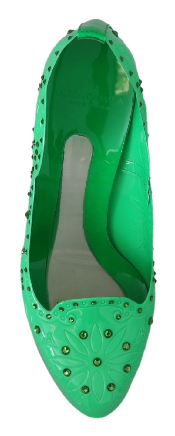 Green shoe with embroidered design and sequins on toe
