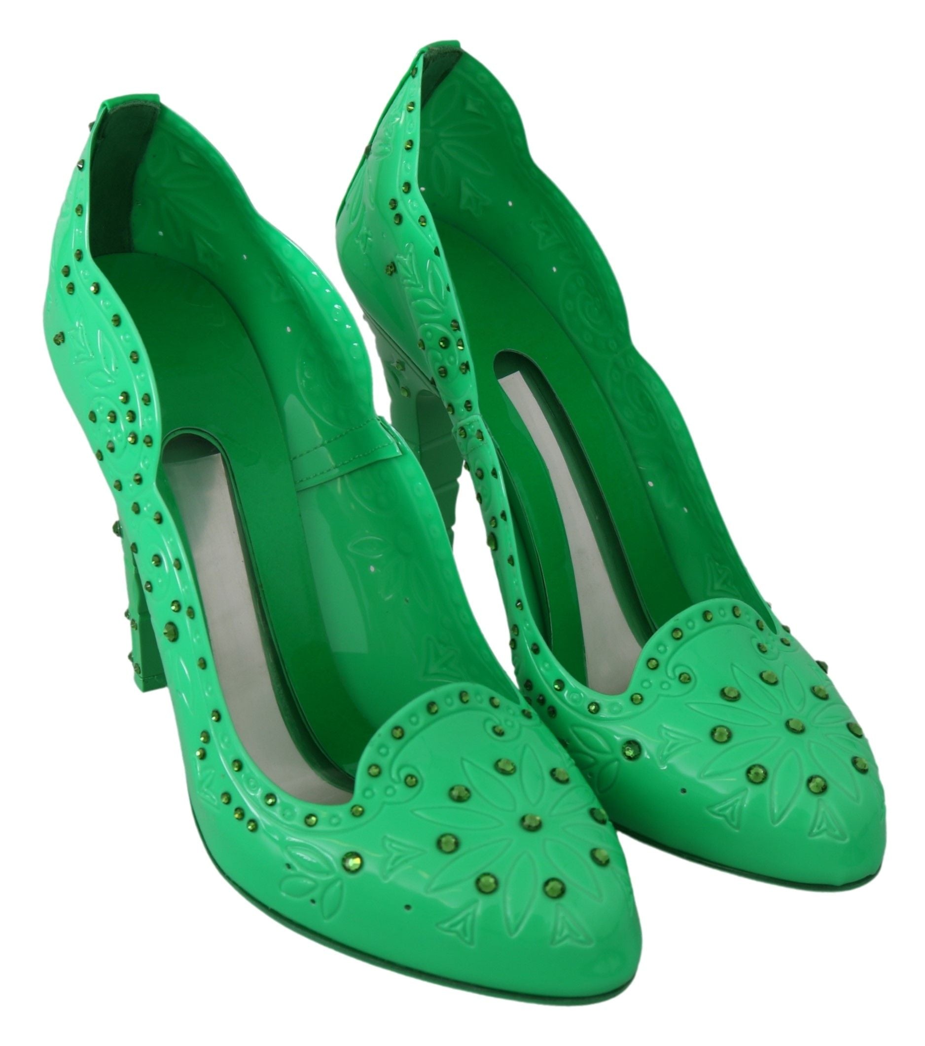 Green high heel shoes with embellishments and floral design