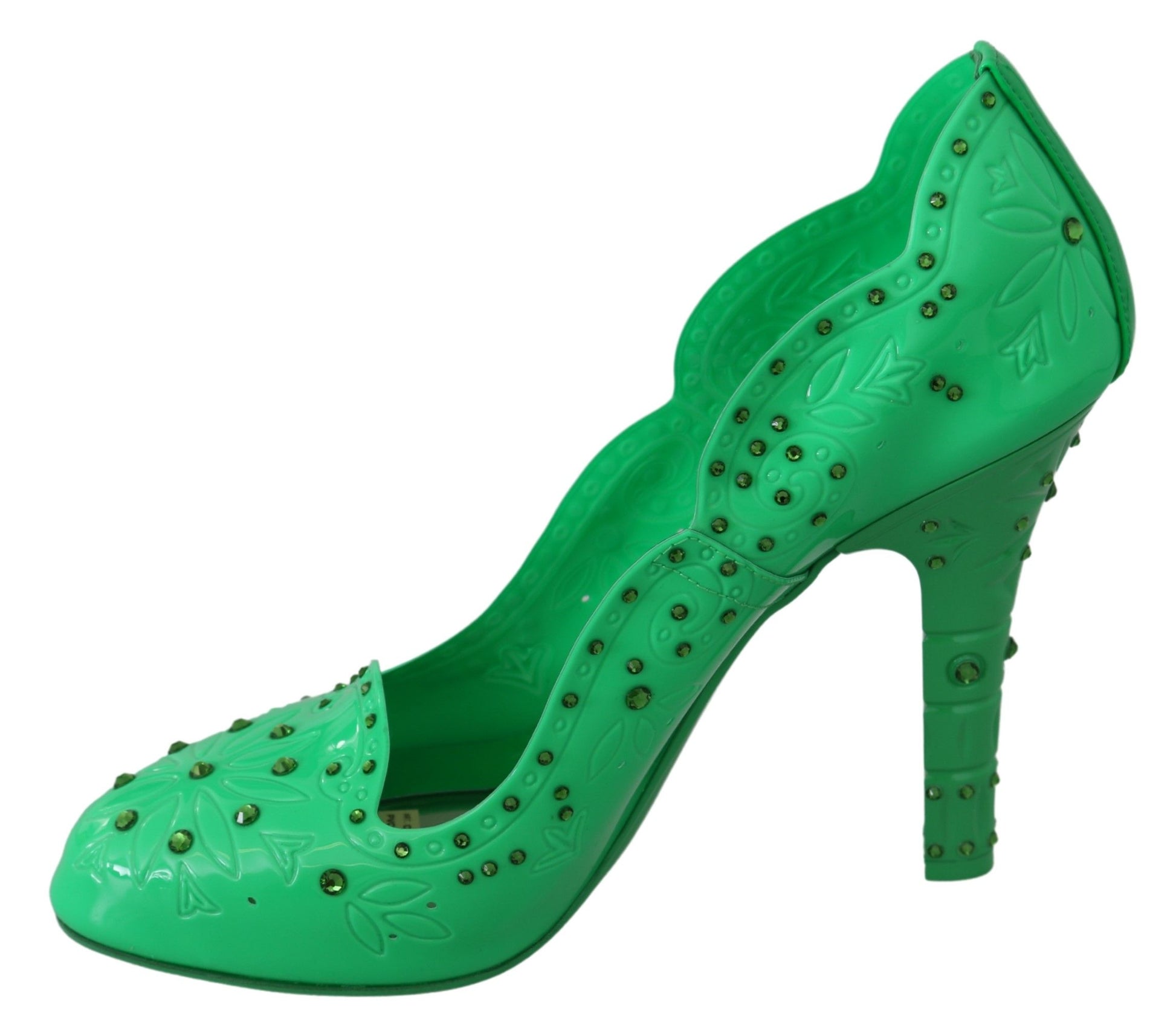 Green high heel shoes with rhinestones and floral design