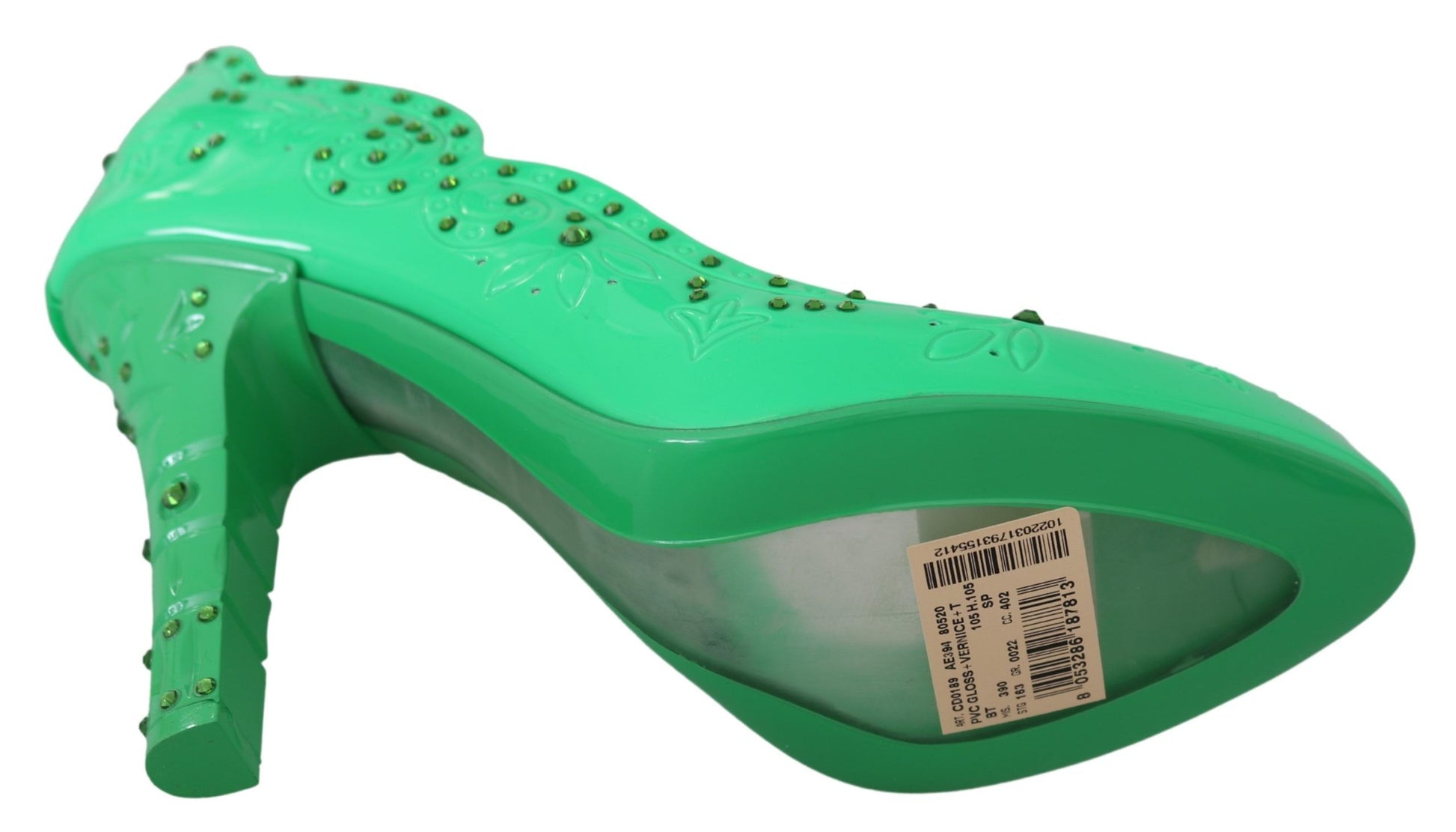 Green high heel shoe with rhinestones and tag