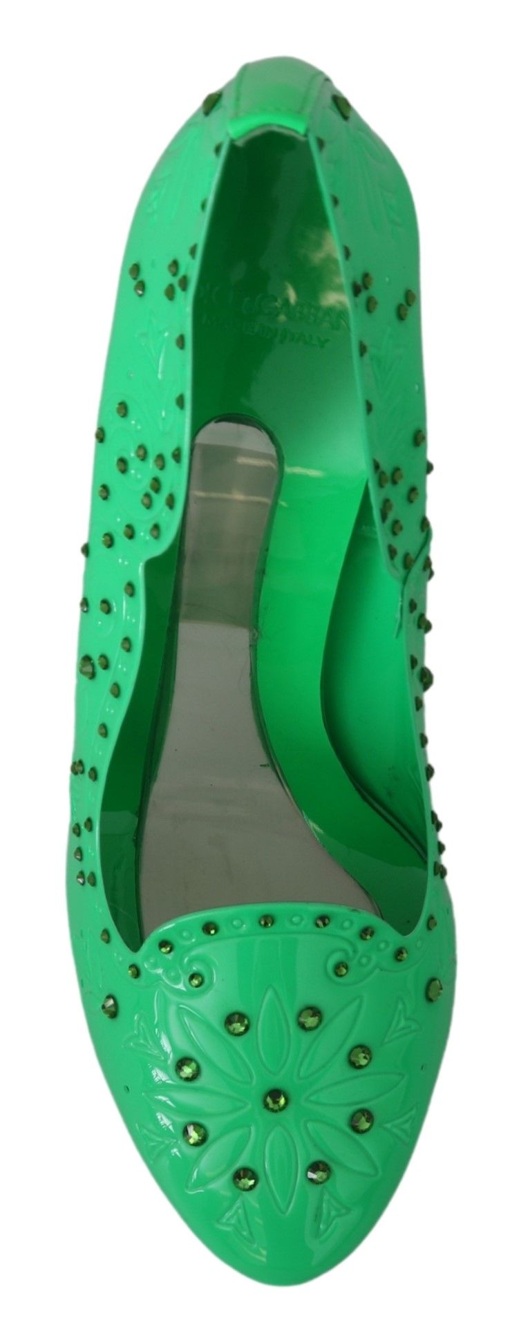 Green high heel shoe with sequins and rhinestones on toe