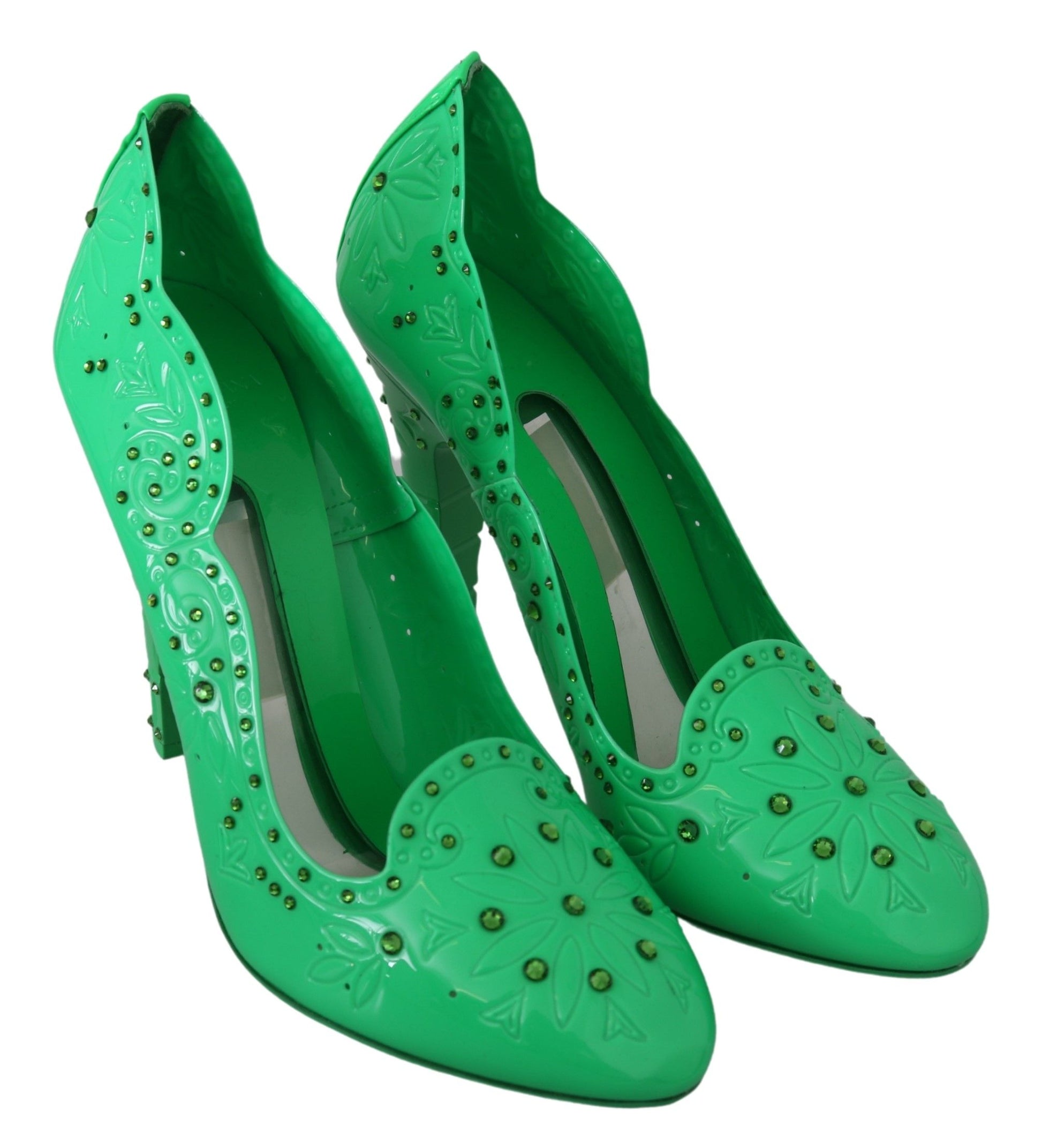 Green high heel shoes with rhinestones and leaf design on toe