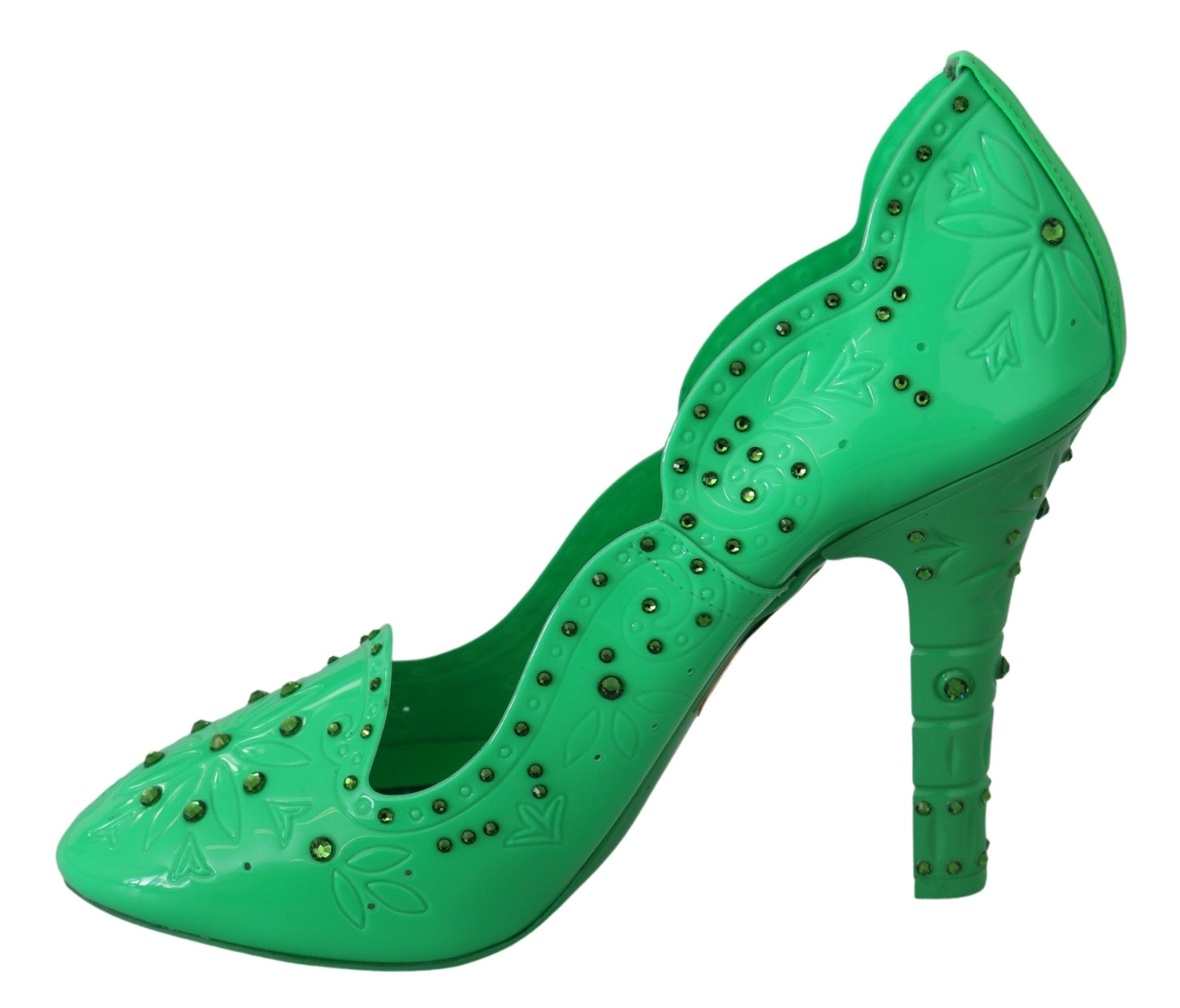 Green glittery high heel shoes with embellishments and a bow on top