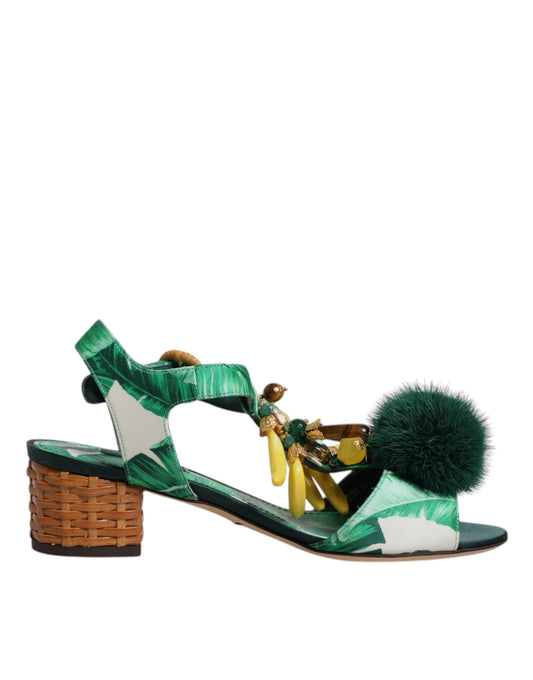 Green and white sandal with wedge heel and fur trim