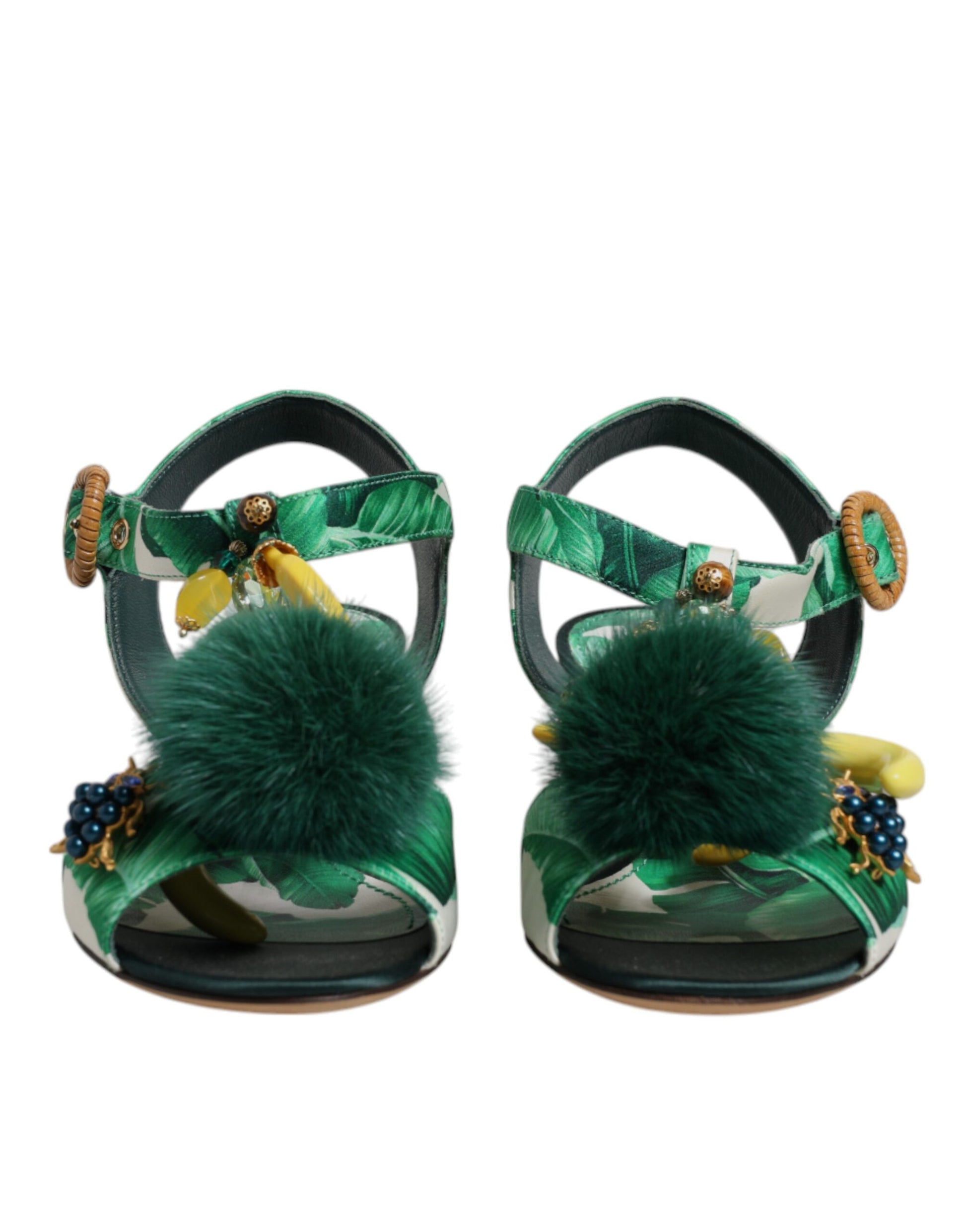 Pair of green sandals with fur trim and beads