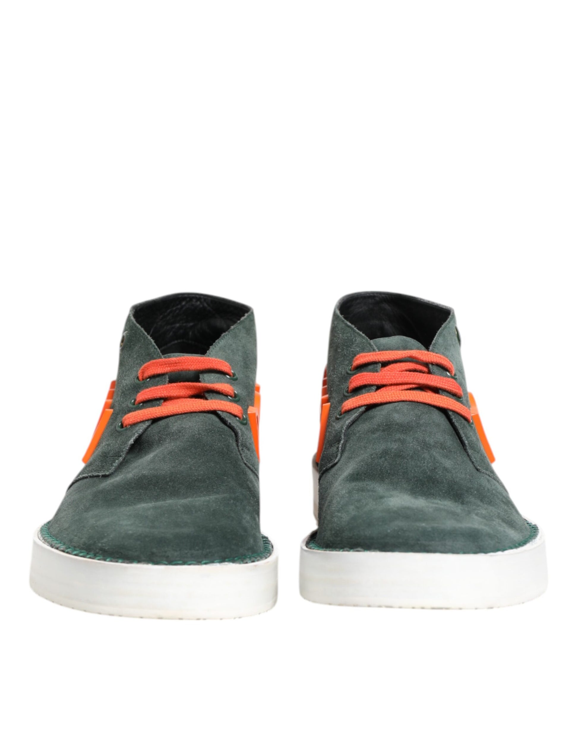 Pair of green suede boots with red laces
