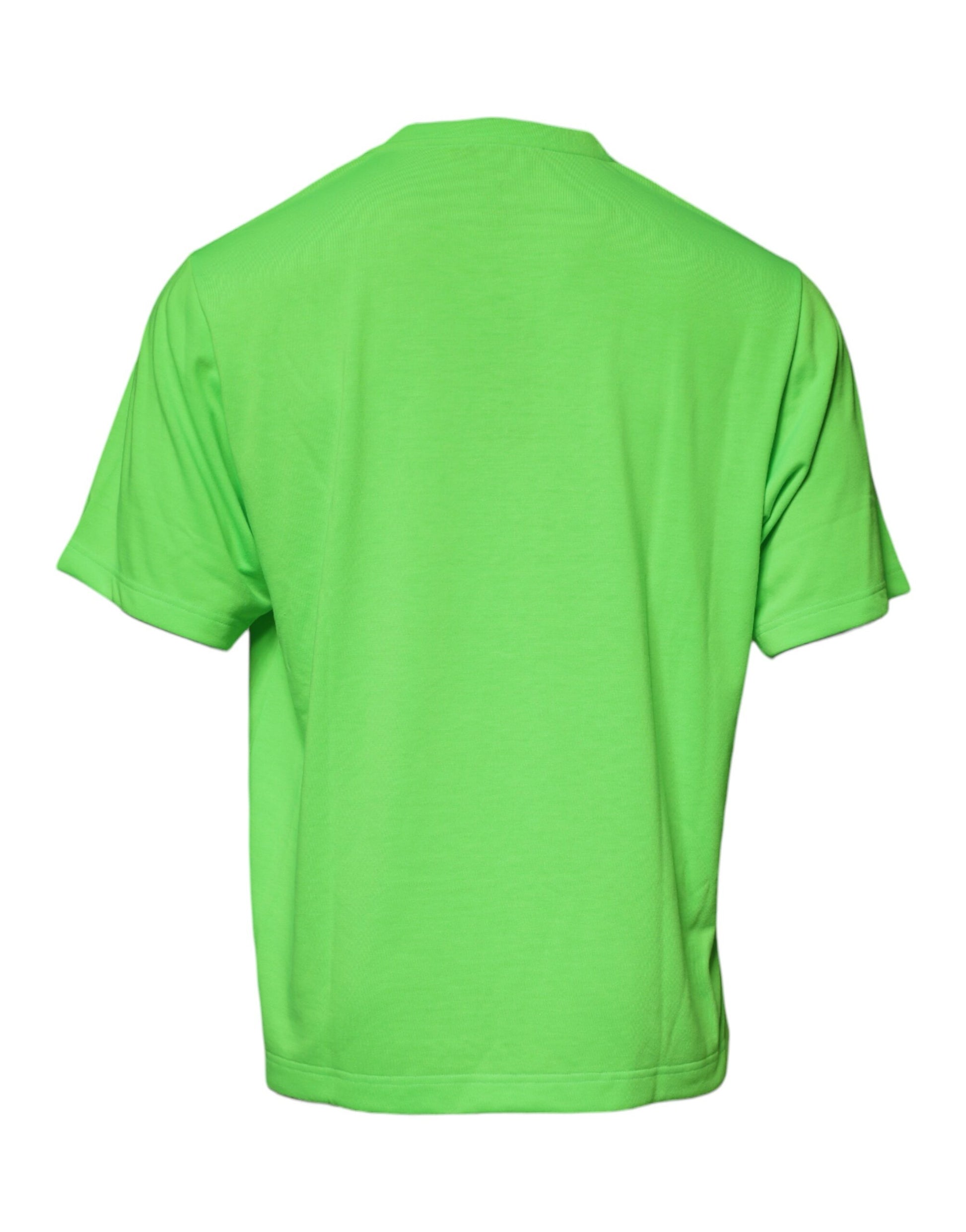 A green crew neck t-shirt with a logo on the front