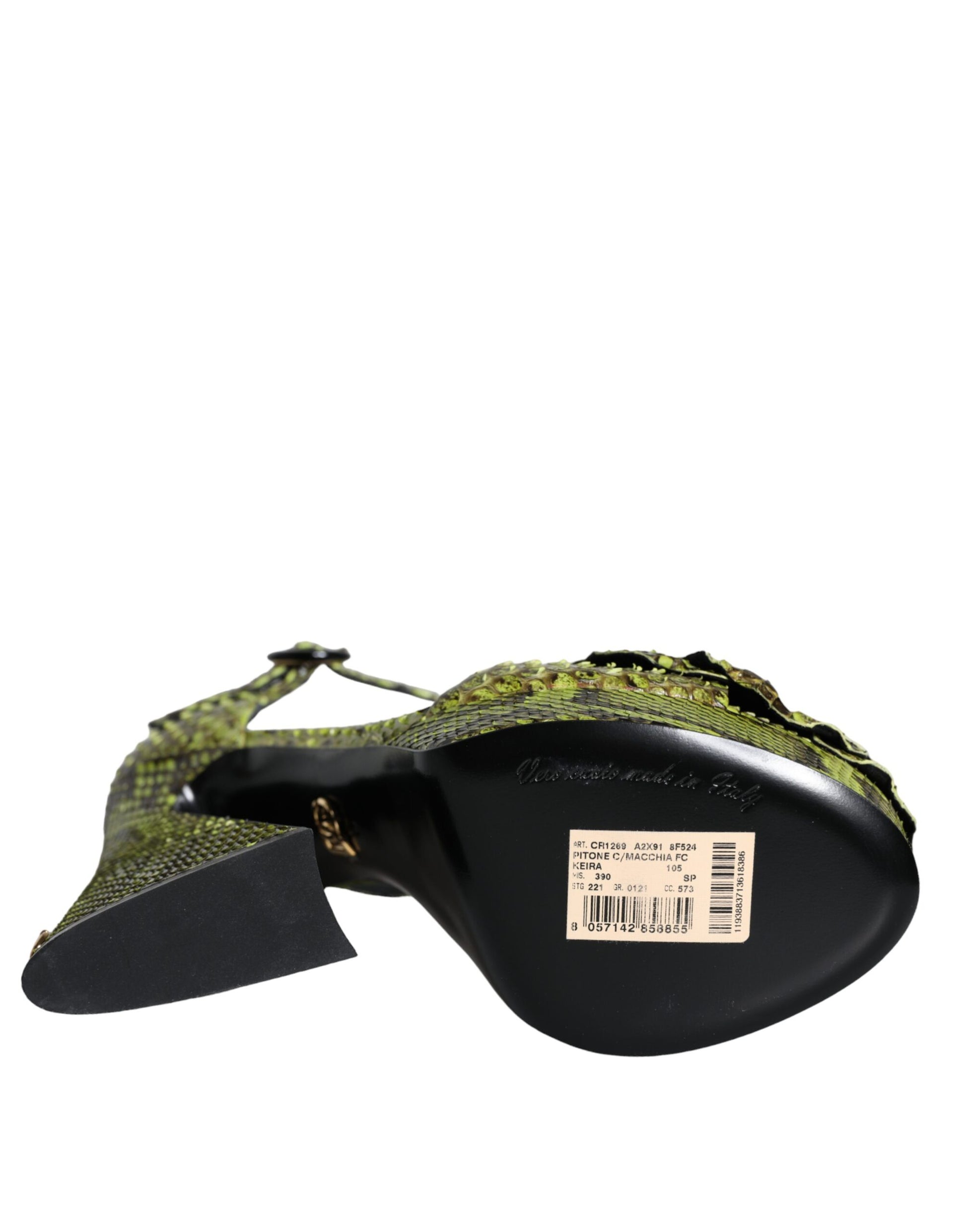 High heel shoe with a snake skin print on the stiletto heel