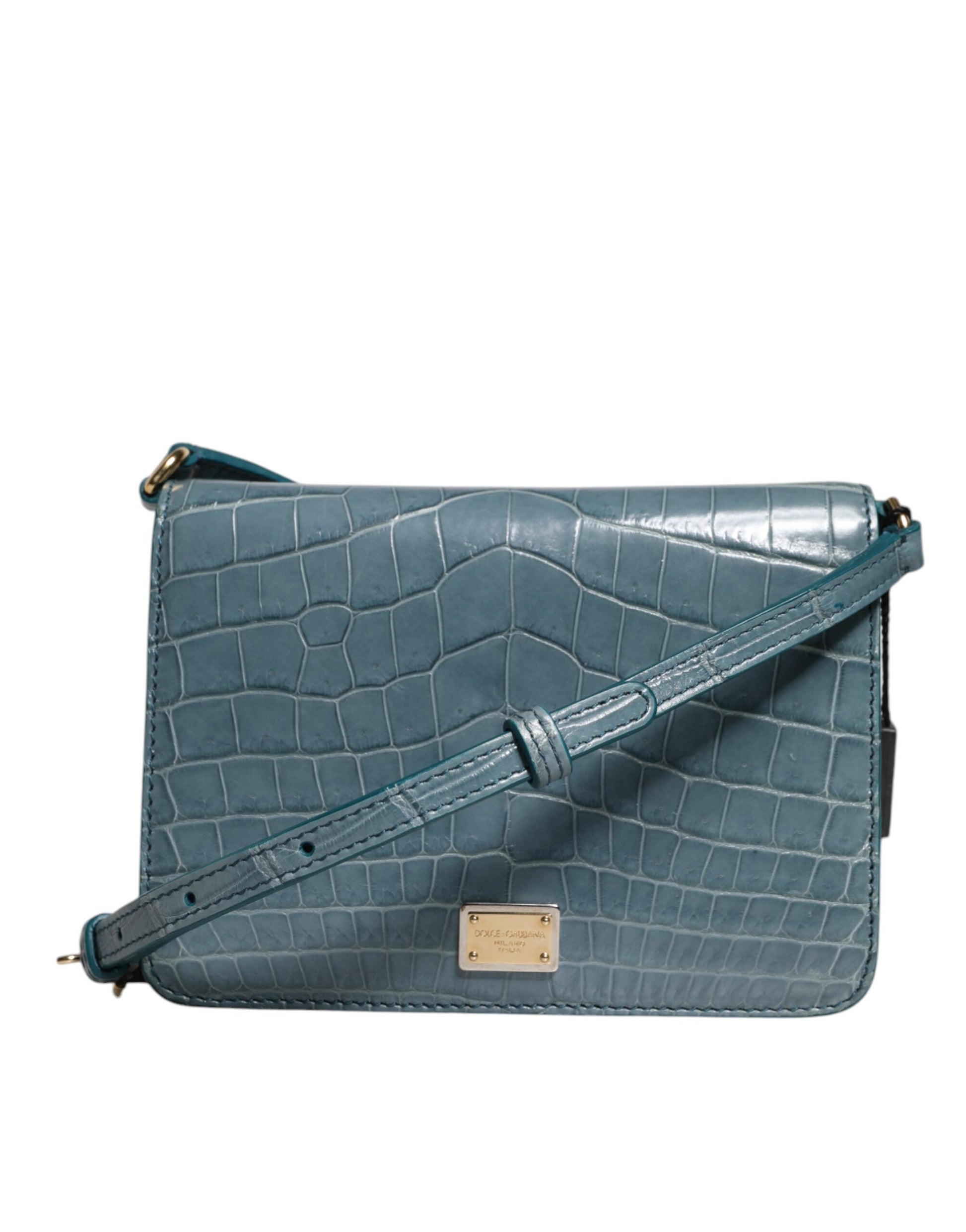 Blue crocodile skin handbag with gold hardware