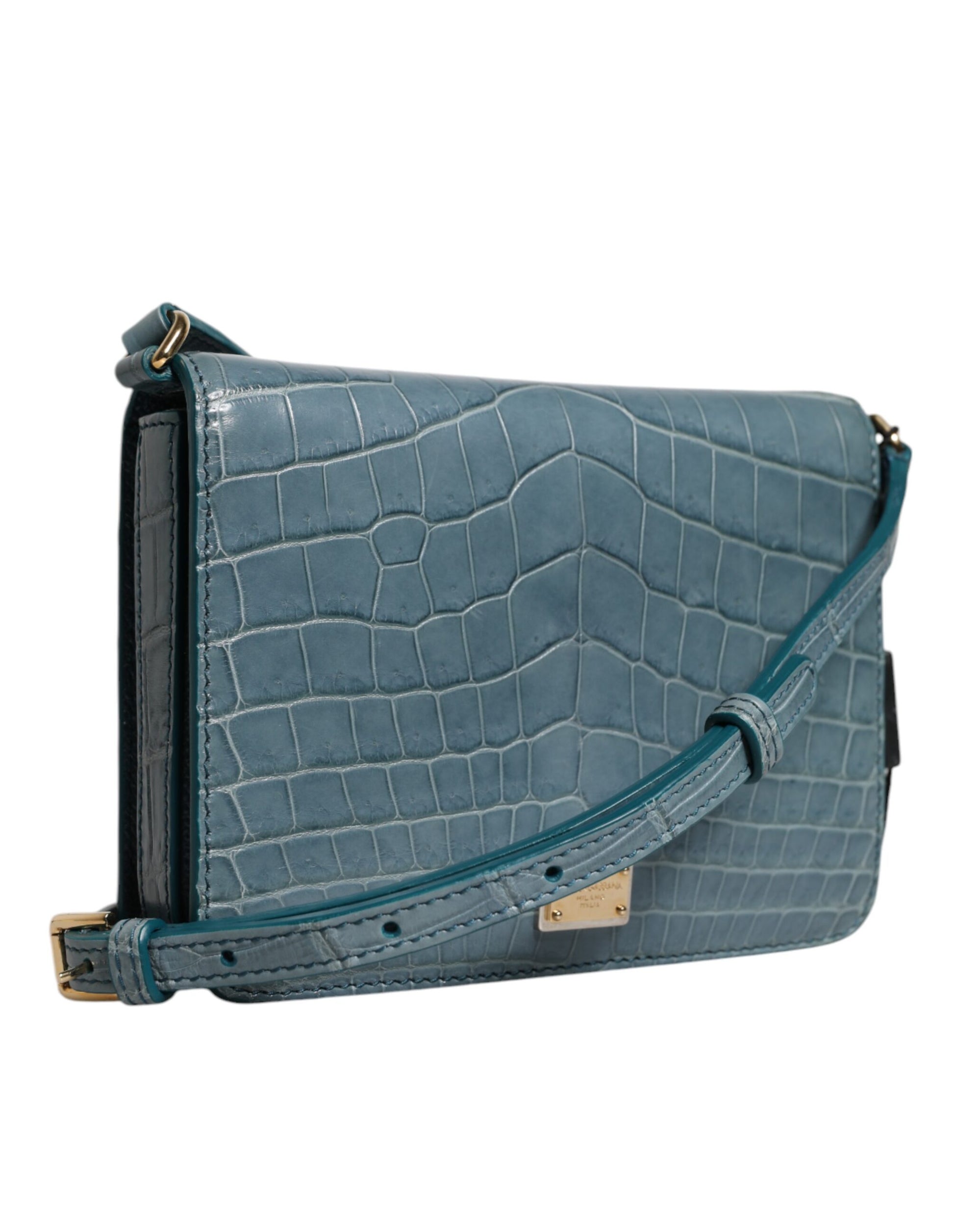 Blue crocodile skin purse with gold accents